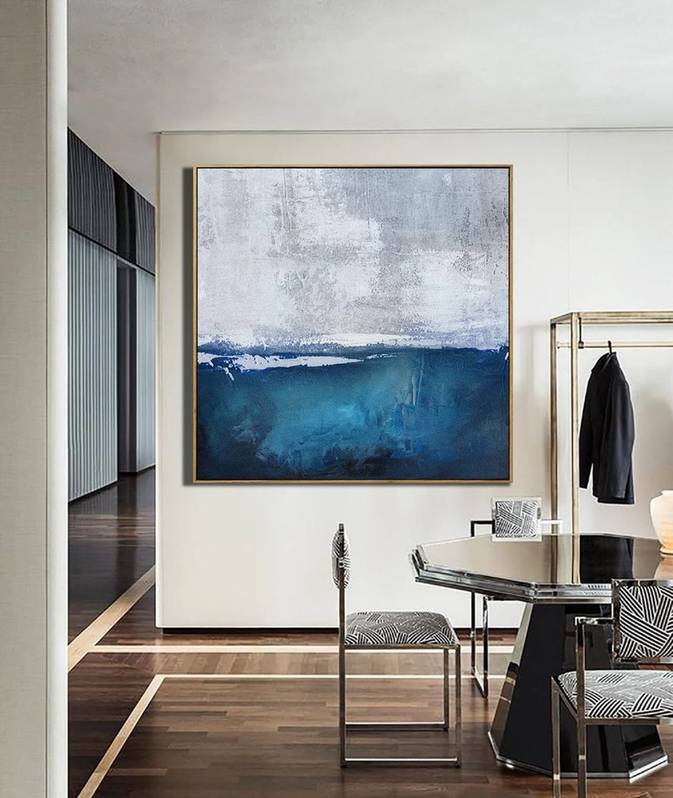 Modern Original Handmade Blue Coastal Abstract Canvas Wall Art J7LI2